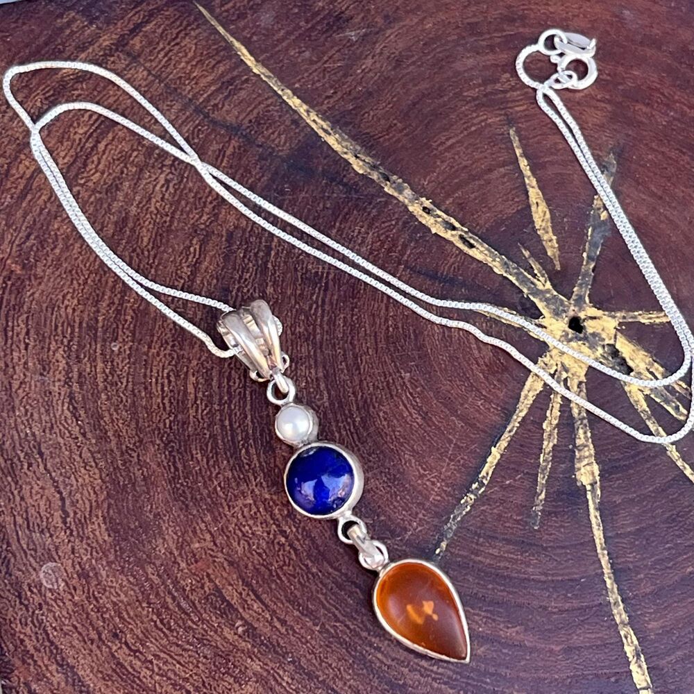 Vintage Amber Necklace with Lapis Lazuli Sterling